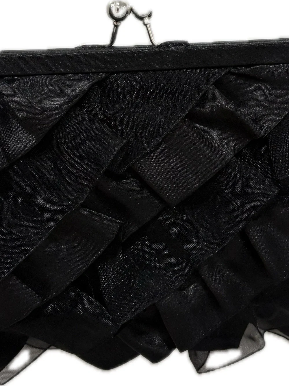 White House Black Market Black Satin Ruffle Clutch Evening Bag, Silver Chain